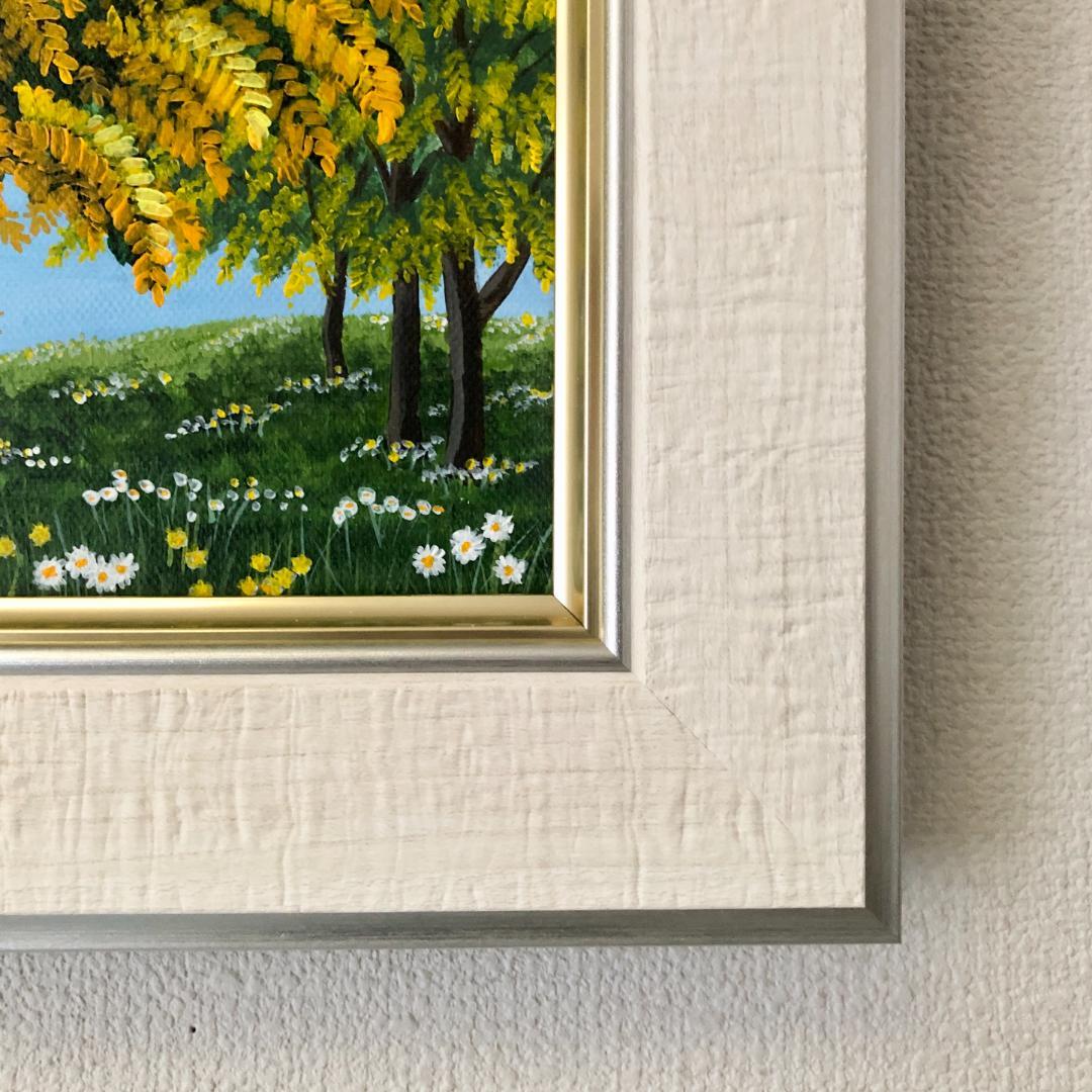 アクリル画　原画　「ミモザの下で03」額縁付　SMサイズ　キャンバス