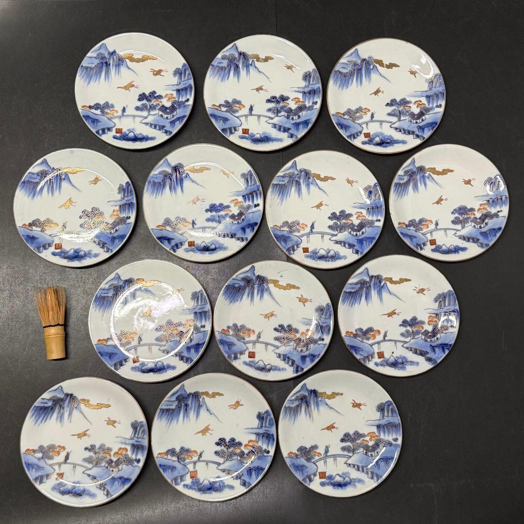 時代 古伊万里 染錦 6寸皿 13枚【無傷】大正 明治 骨董 アンティーク