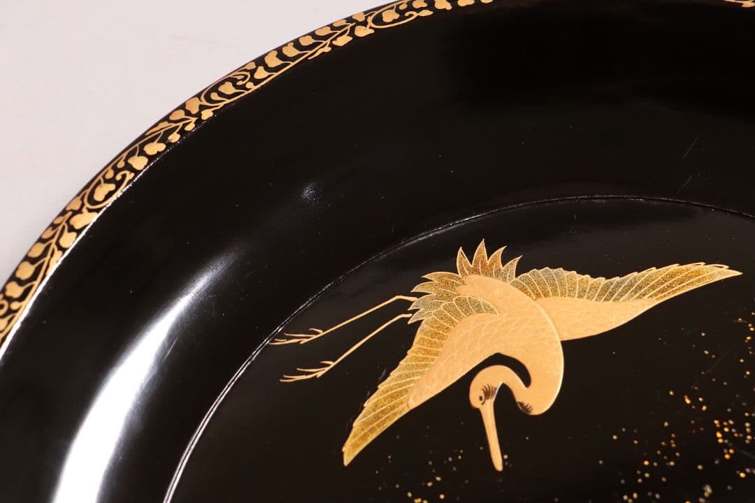 MA218 時代漆器 松竹梅鶴金蒔絵 縁唐草 黒塗 大徳寺盆 二客 菓子盆 木皿