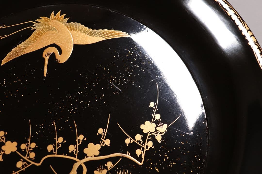 MA218 時代漆器 松竹梅鶴金蒔絵 縁唐草 黒塗 大徳寺盆 二客 菓子盆 木皿