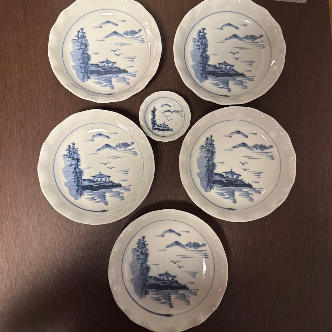 橘吉　青い風景画の陶器皿5個　セット　箱付き