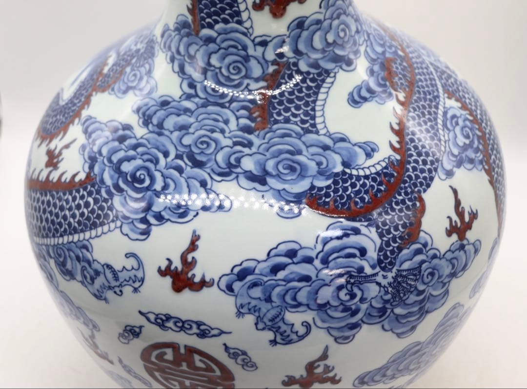 中国　青華釉裏紅　龍紋大瓶　大清康熙年製銘　高さ48cm 送料込み260124