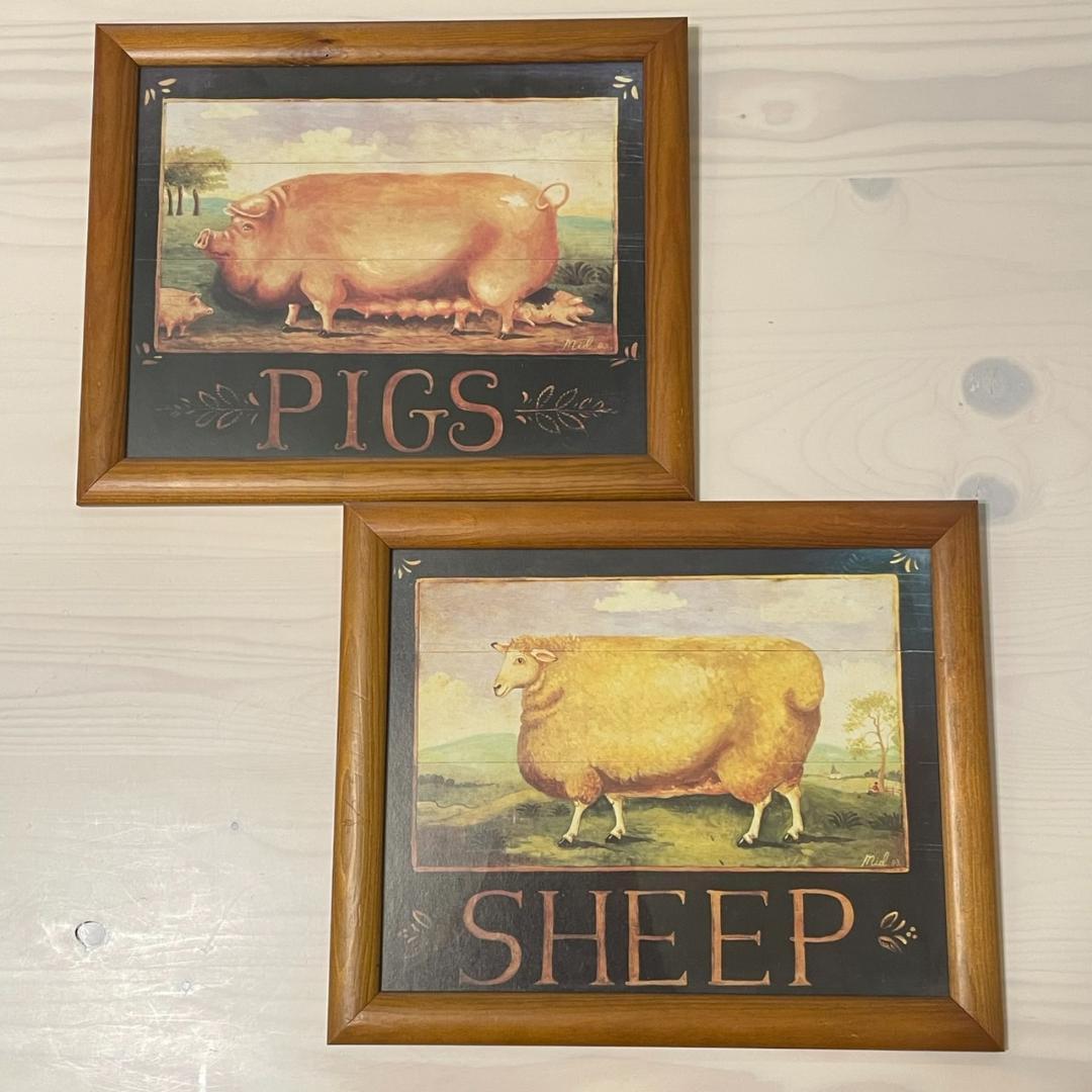 イギリス購入★木製額入り絵 PIG & SHEEP