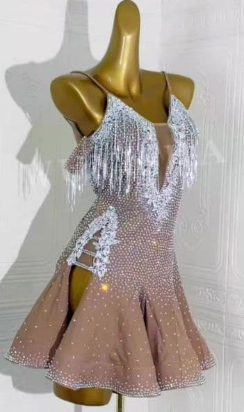 オーダーメイド 社交ダンス衣装 オールストーン フリンジ ベージュ