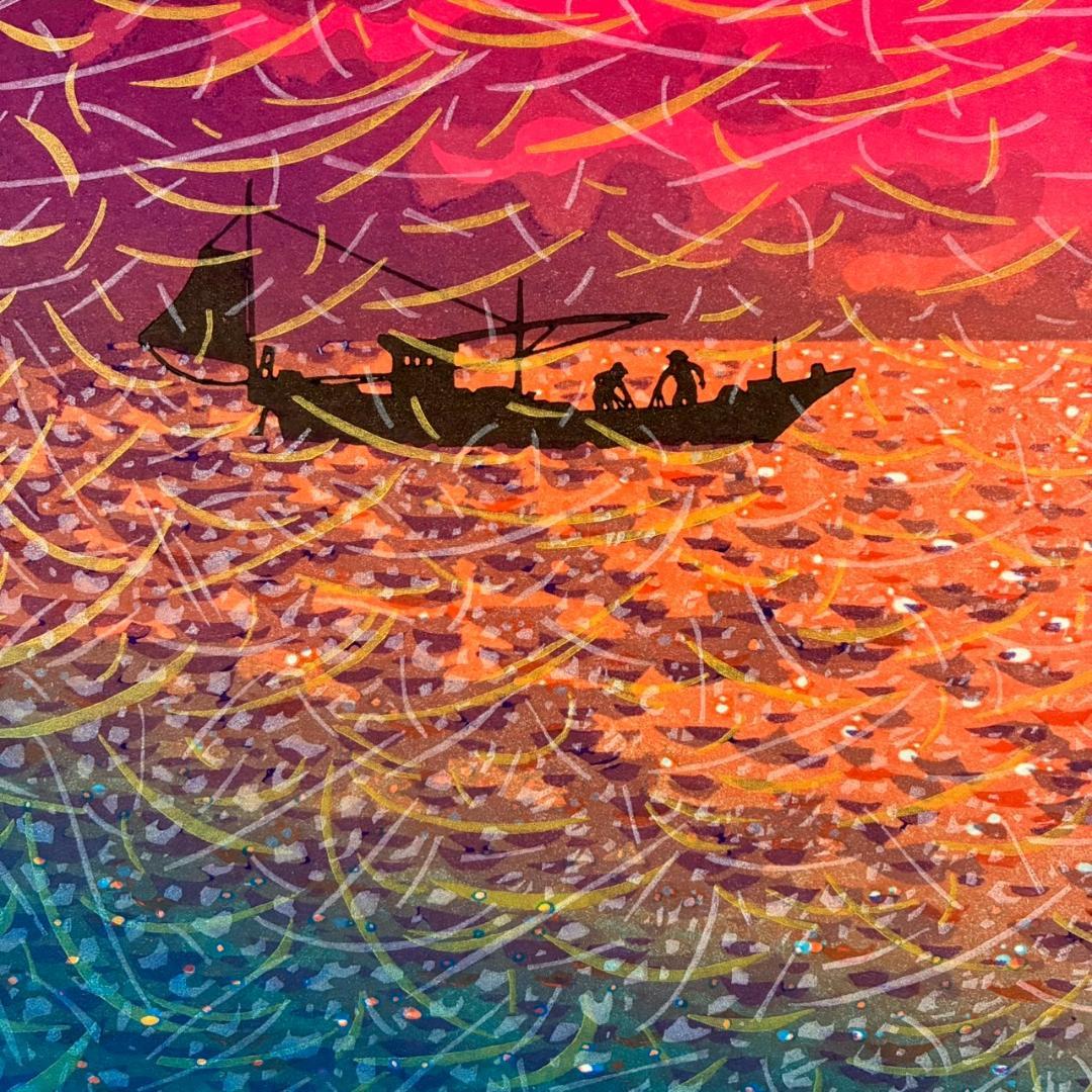 【最終値下げ】美品 牧野宗則「光を浴びて」木版画 1992年制作 直筆サイン入り