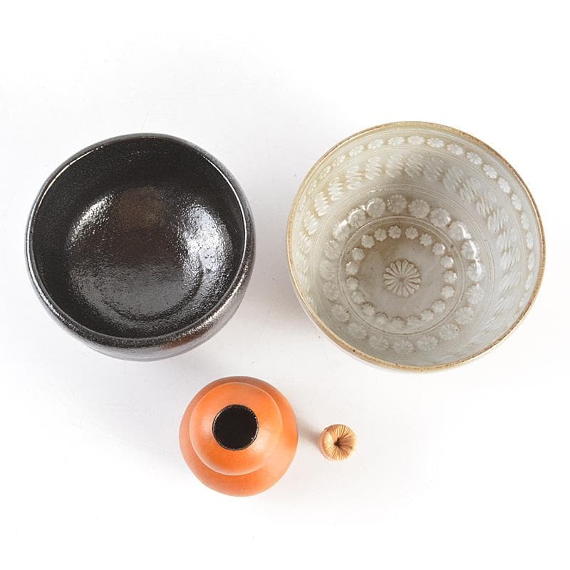 平安　東山麓　東竹園斎作　茶籠　黒楽茶碗　瓢箪振出など　八点一式　DR7039F