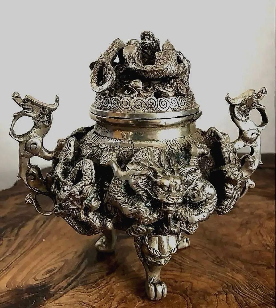 中国美術 乾隆年製 三脚 香呂 白銅 多龍紋刻