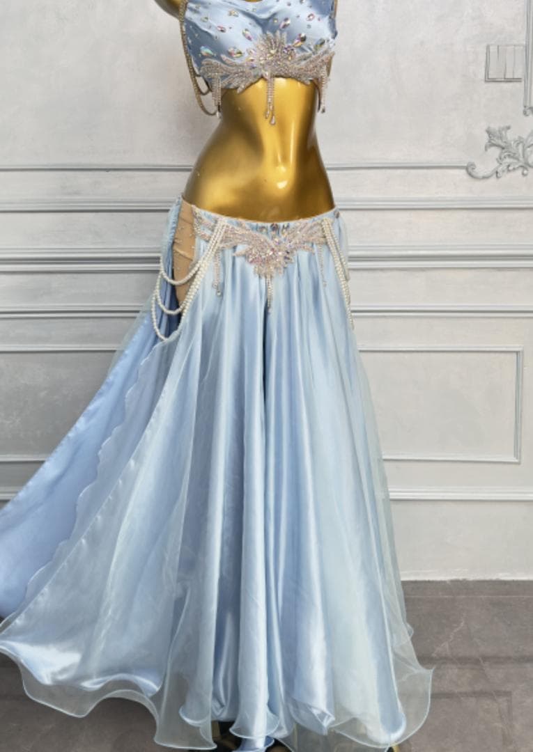 新品未使用 ベリーダンス衣装 高級舞台用 青色 ロングスカートセット M L