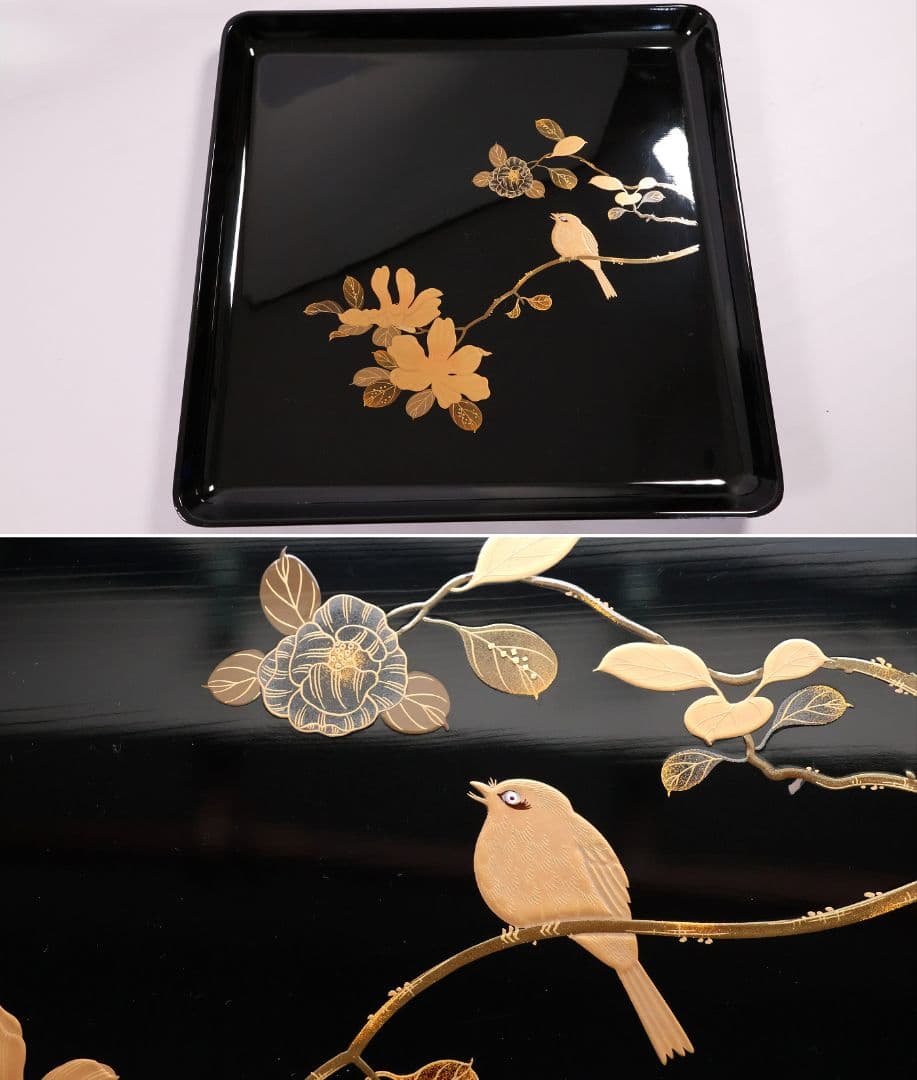【MB204】天然木漆塗 花鳥絵替金蒔絵 黒塗卓上膳十客 四方膳 36.3cｍ