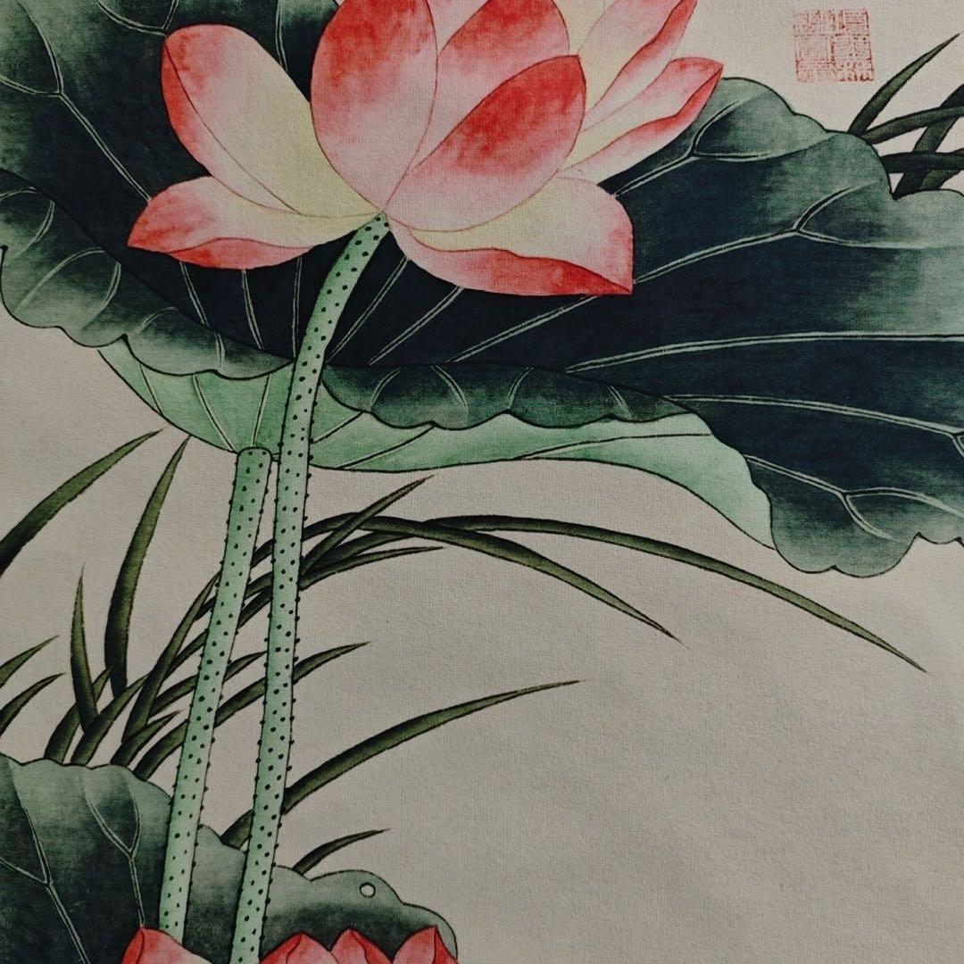 四尺中堂 中国伝統 花鳥画 荷花双鴛 掛け軸 蓮・鴛鴦図