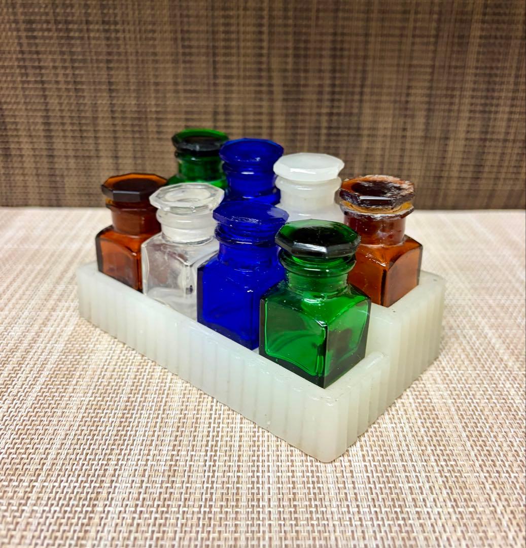 戦前 歯医者 薬瓶 ミルクガラス 薬瓶台 セット ①