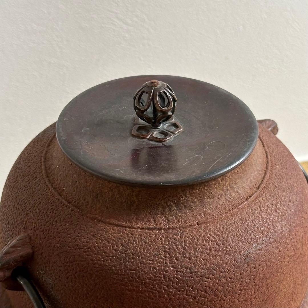 唐銅【朝鮮風炉釜 茶釜】釜環 銅蓋 電熱器付 茶道具