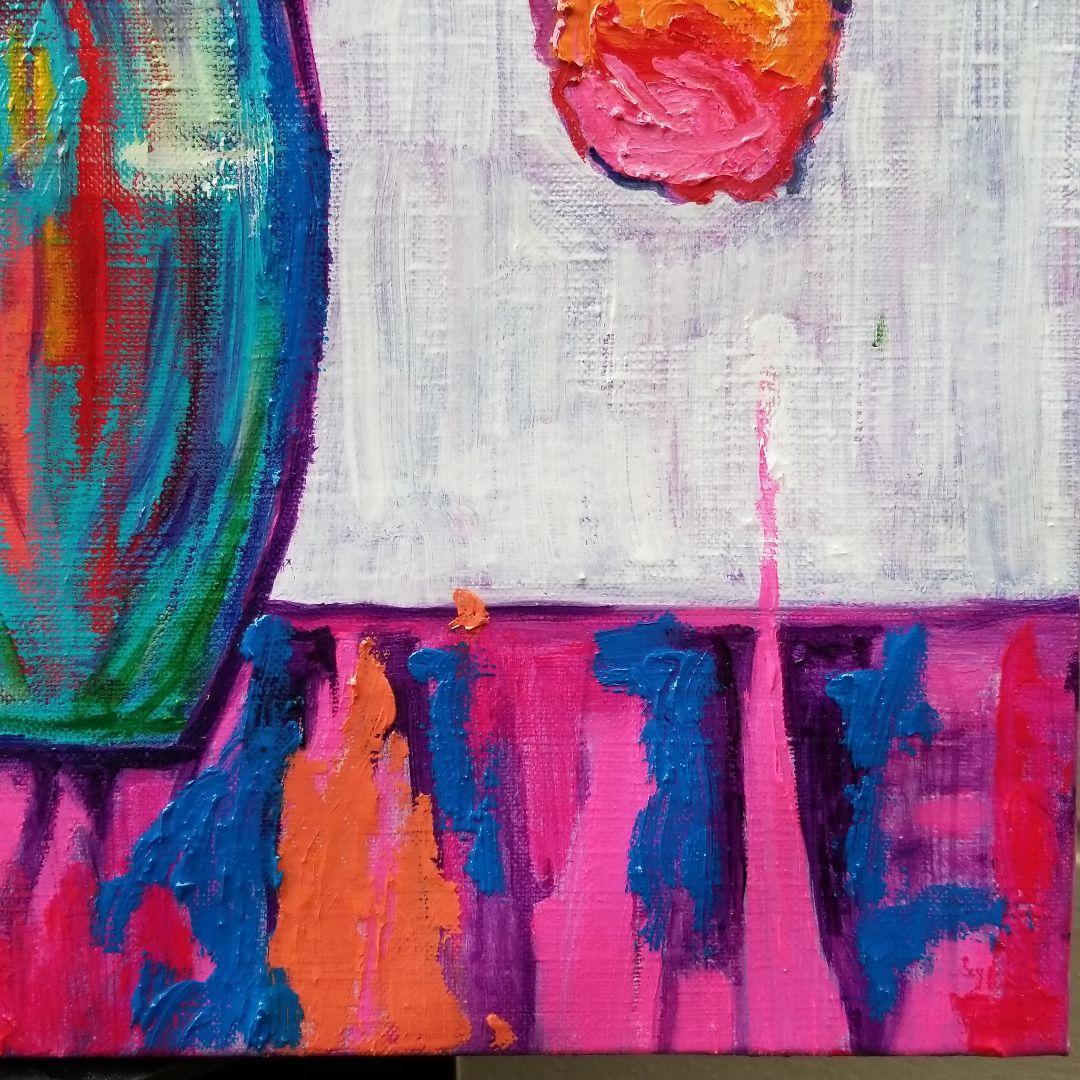 油絵　よっこ確認　ピンクとオレンジ色の花を差した花瓶