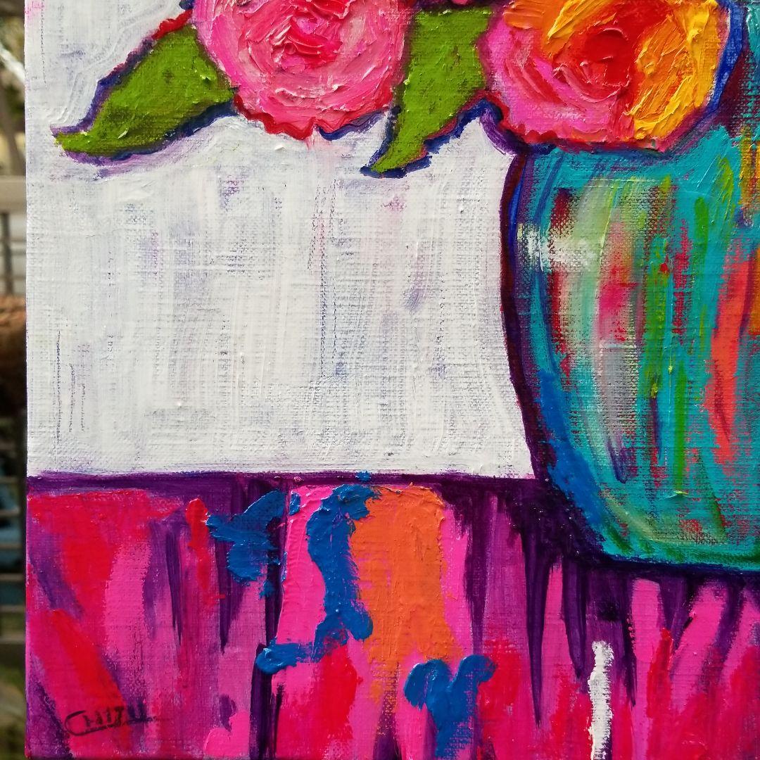 油絵　よっこ確認　ピンクとオレンジ色の花を差した花瓶