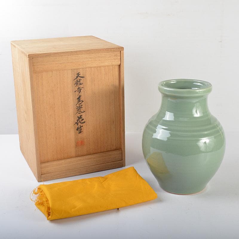 平安　加藤渓山作　天龍寺青磁　花生　花瓶　共箱　V　R4450C