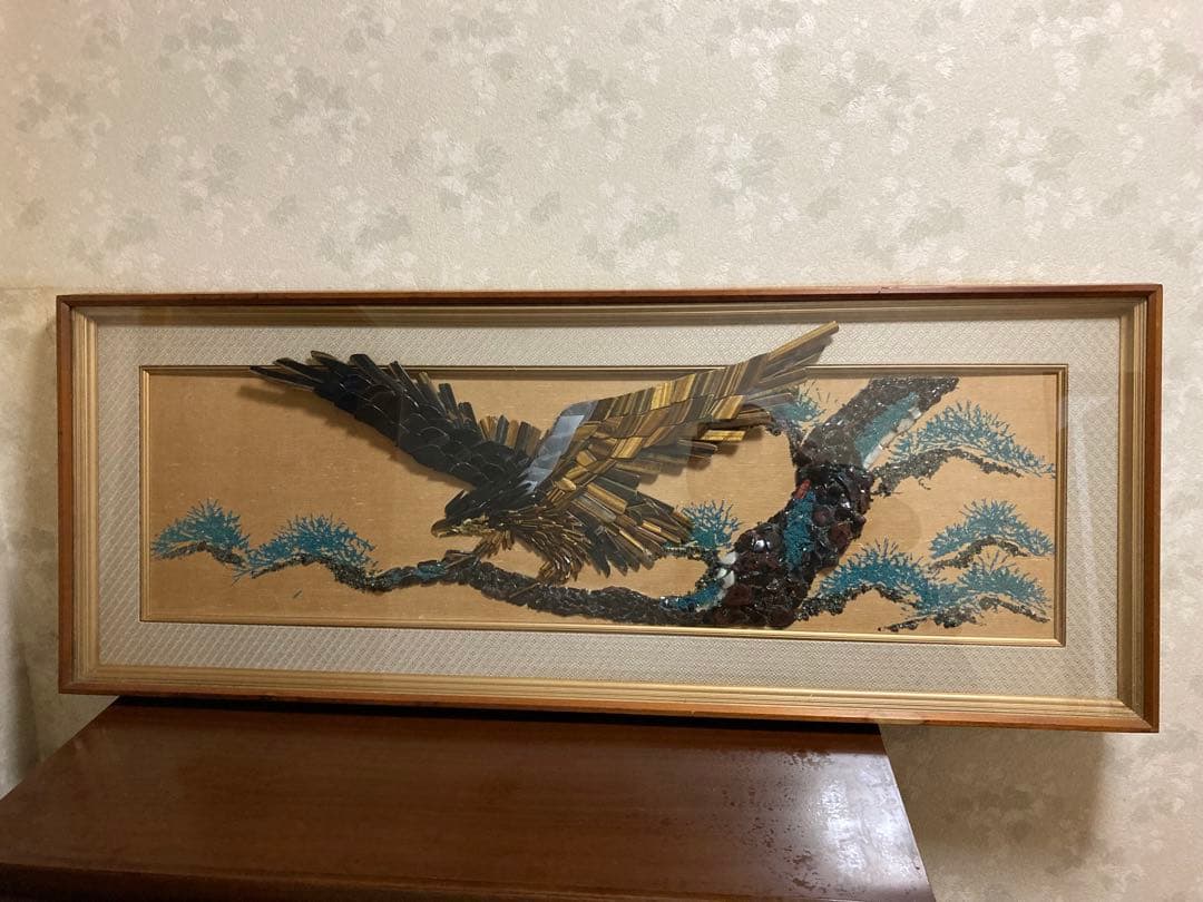 鉱石造 鉱石画 鉱石 鷹絵 縁起額 額縁　大迫力