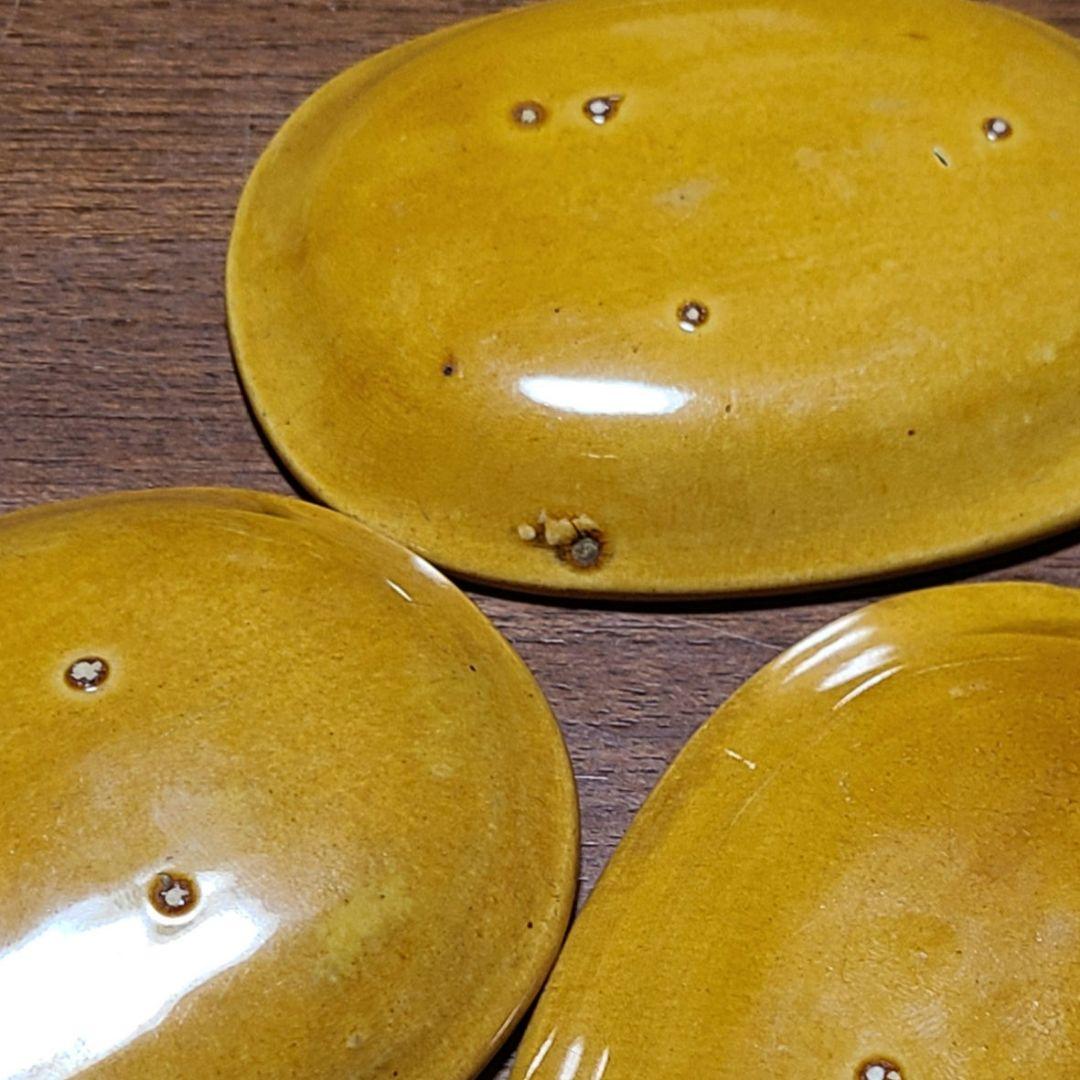 【希少】 珉平焼 黄釉小判形龍文皿 3客