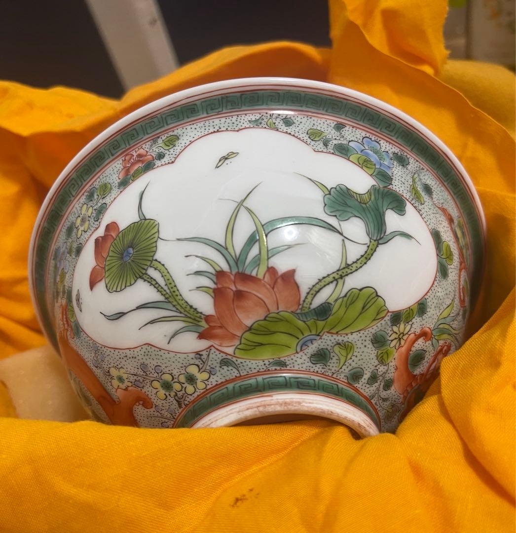 中国 清时代 茶碗 豆彩 花卉 龍紋【康熙年製在銘】古美術。