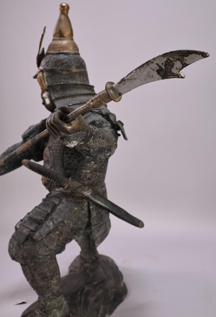 時代金工　明治期　ブロンズ像　銅製　武者　薙刀　置物　床飾　高55㎝　BK090
