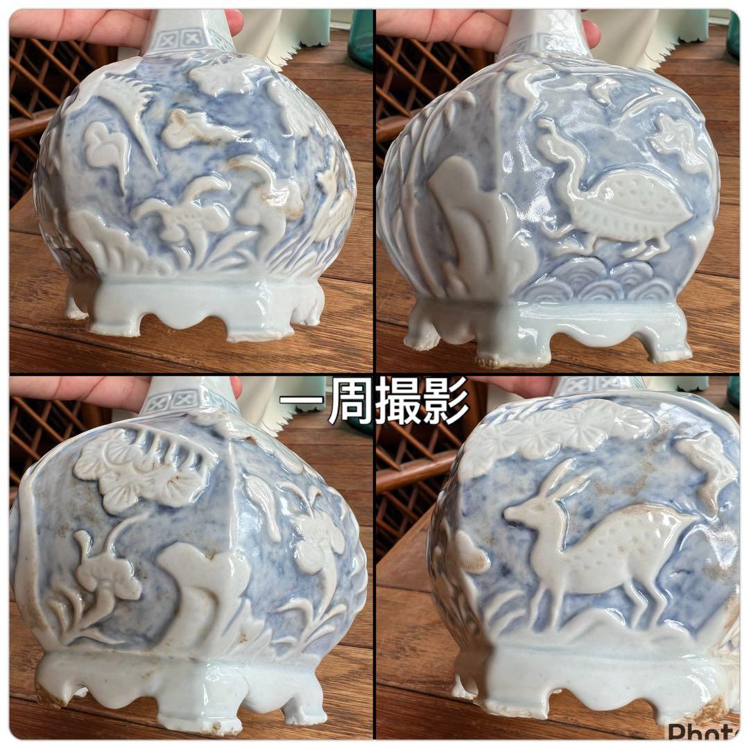 李朝 鹿 鶴 兎 亀 竹 梅 分院 朝鮮 骨董品 花瓶 壺 陶器 染付 染め付け