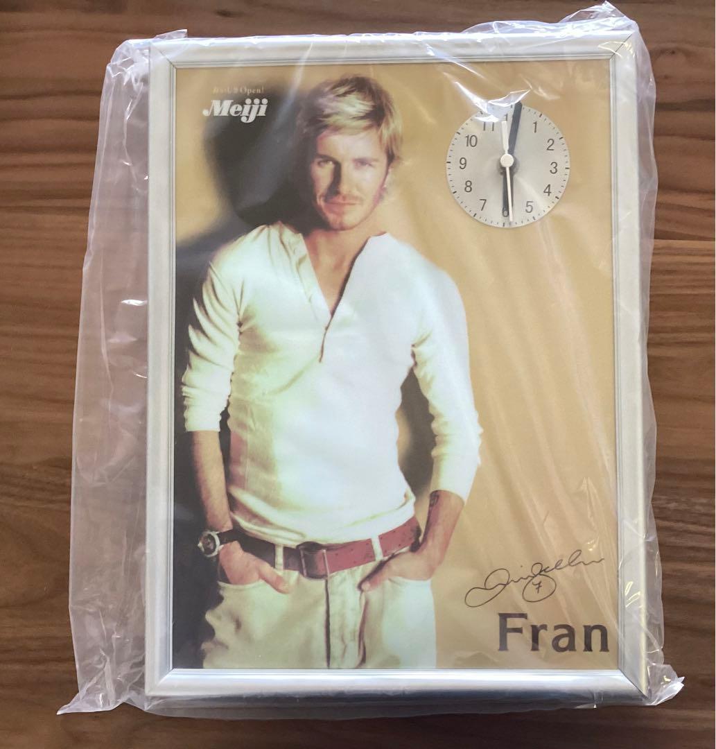 ベッカム フォト入り 明治製菓販促用ボード時計、超大判バスタオルと1日社長の名刺