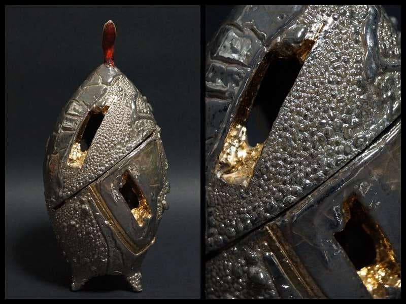 現代陶芸家 市川透造 造形香炉 金プラチナ使用 共箱 共布備前 (師/隠崎隆一)