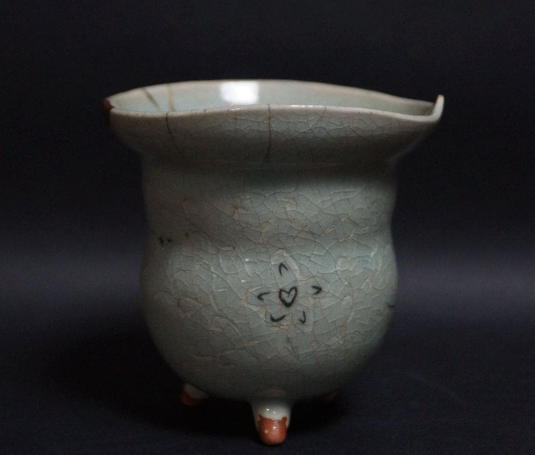 茶道具 李朝 高麗青磁象嵌『雲鶴文』広口香炉 三足 金継ぎ 書道具★