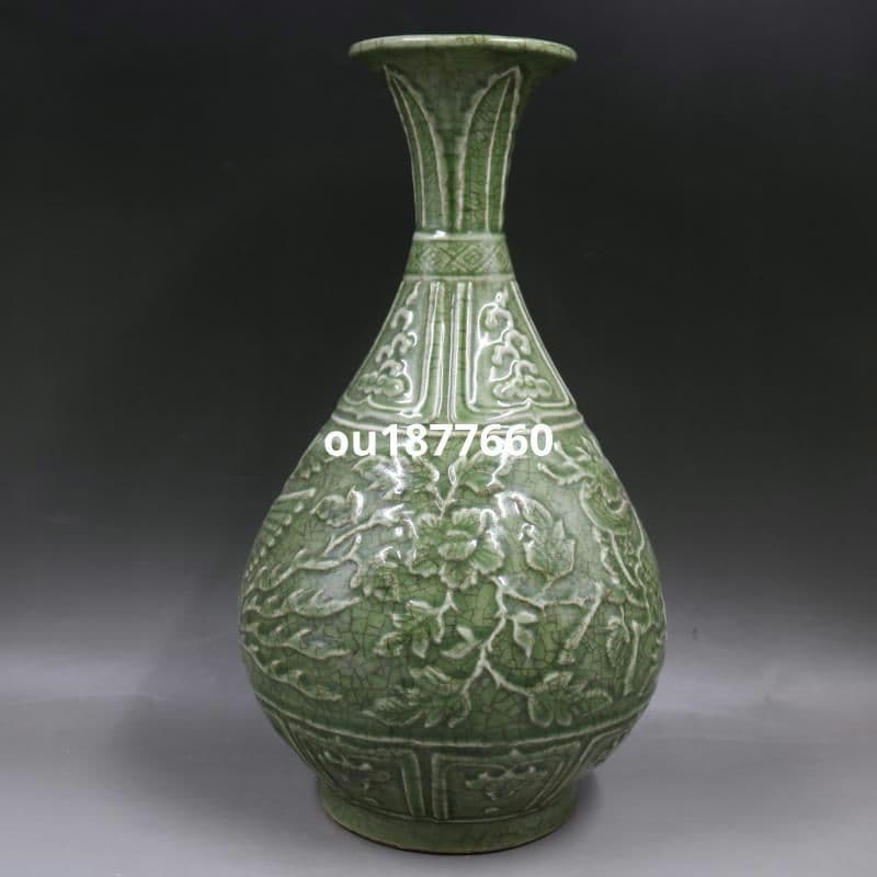 青磁浮彫り鳳紋玉壺春瓶 景徳鎮 陶磁器 装飾品 現代工芸品 美術品 置物