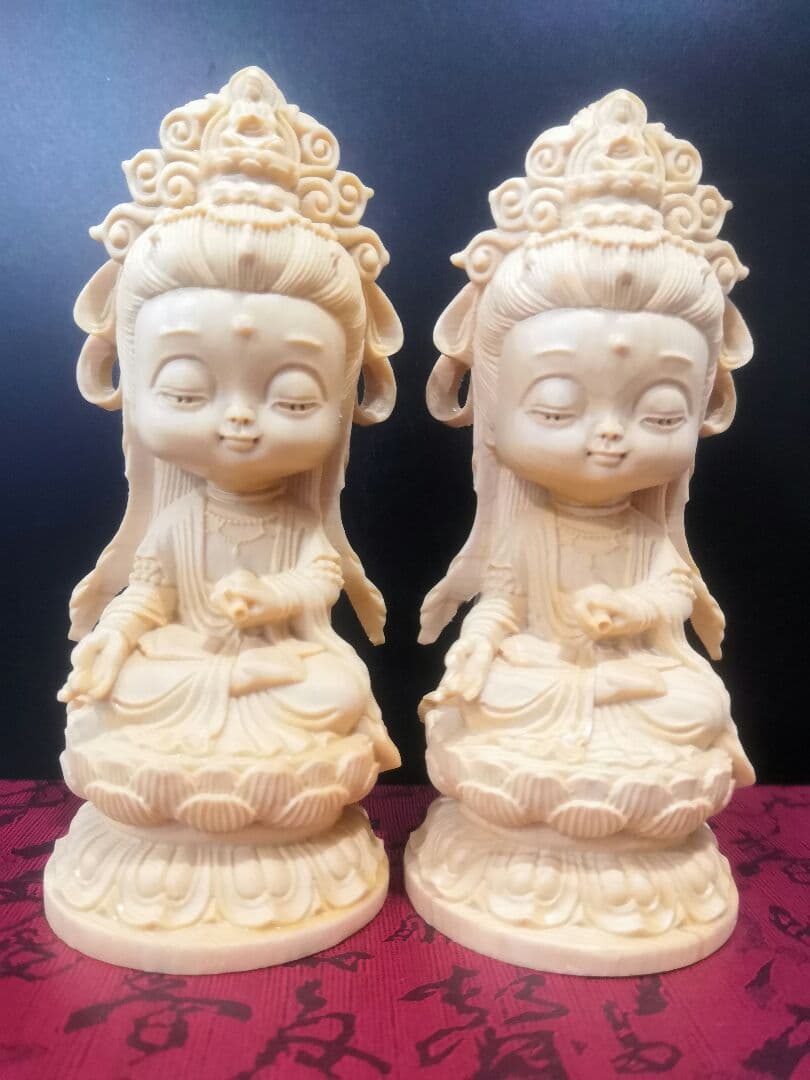 【修縁堂】彫刻仏像 2点セット Q版観音 観音菩薩 観音像 置物 木彫 開運風水