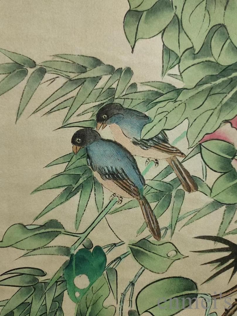 中国古美術.近代.孔小瑜款.花鳥図.宣紙.三尺手描き.水墨画.掛け軸.唐物.文房