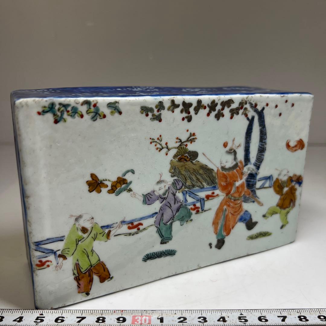 中国清時代　新渡粉彩　陶枕　幅18㎝　東な7-1221☆2F