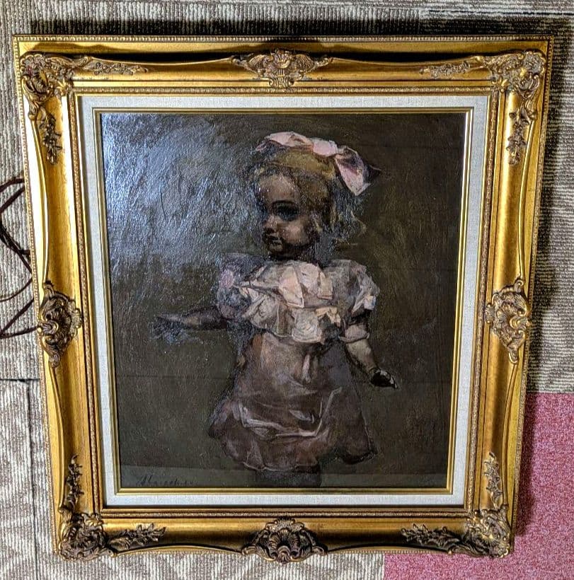 油彩 岩島雅彦 　絵画　アンティーク　金装飾額　少女　人形　油絵