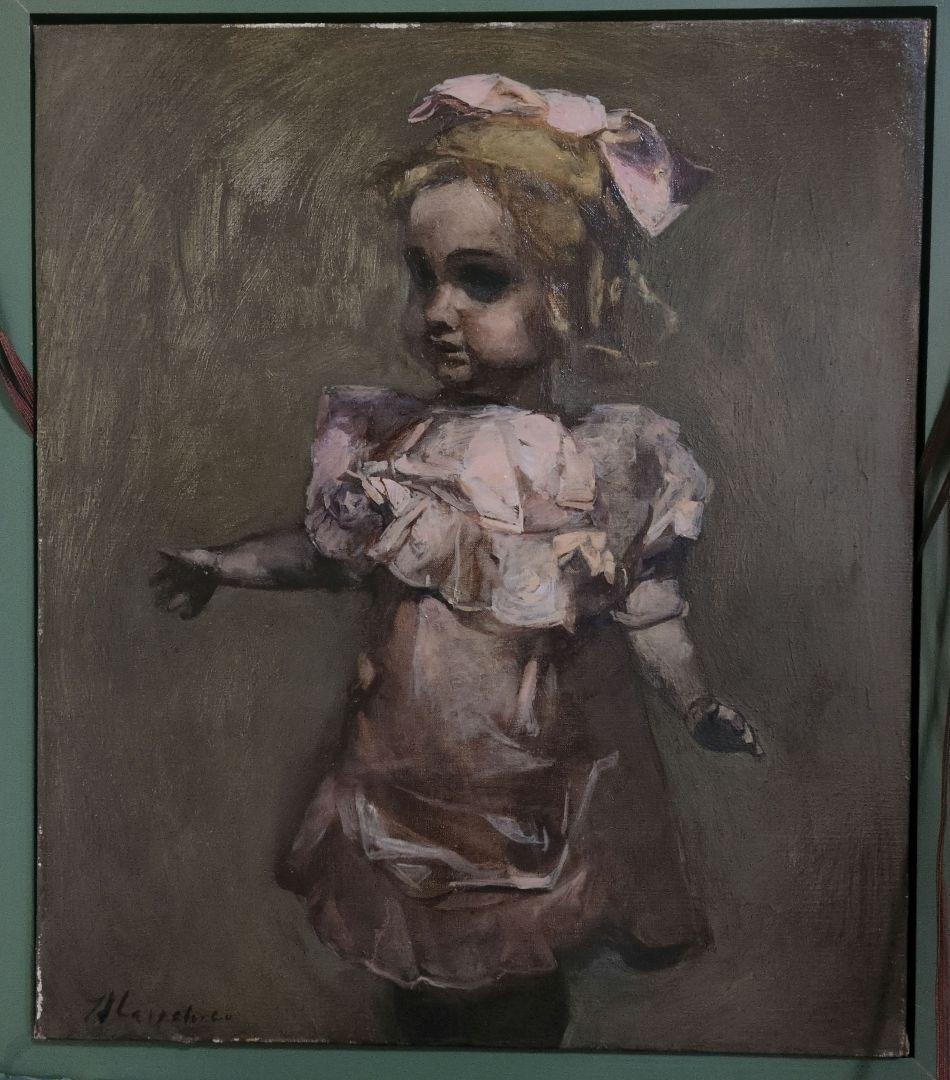 油彩 岩島雅彦 　絵画　アンティーク　金装飾額　少女　人形　油絵