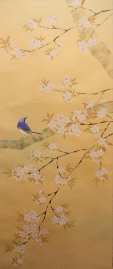 掛け軸 平野宏仙 『 桜に小禽 』 絹本 希少 軸装 茶道具 掛軸 美品 です。