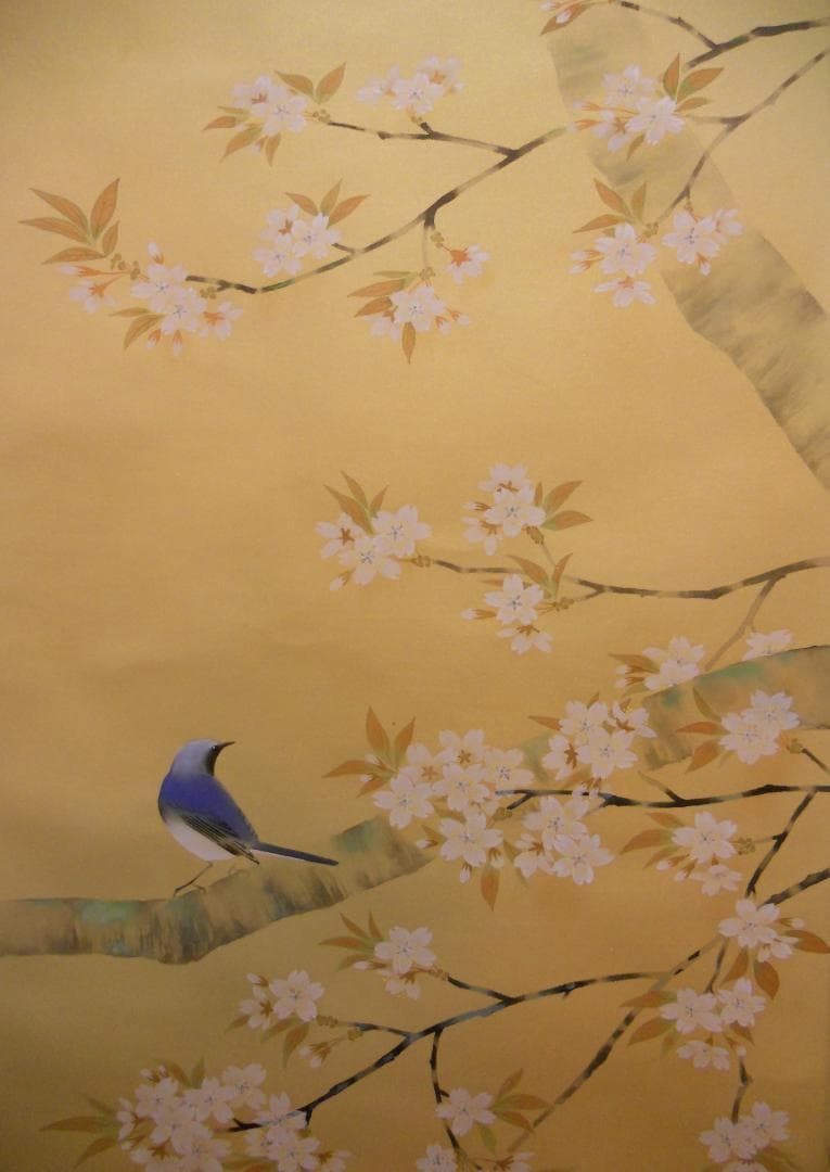 掛け軸 平野宏仙 『 桜に小禽 』 絹本 希少 軸装 茶道具 掛軸 美品 です。