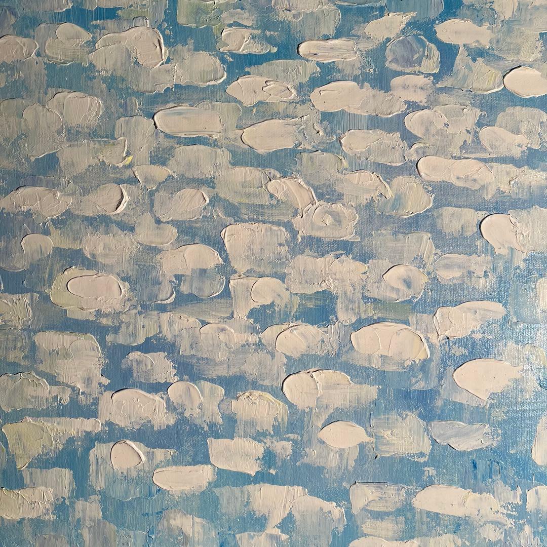 手書き油絵 スカイブルー 額付 肉筆絵画 インテリア 油彩画