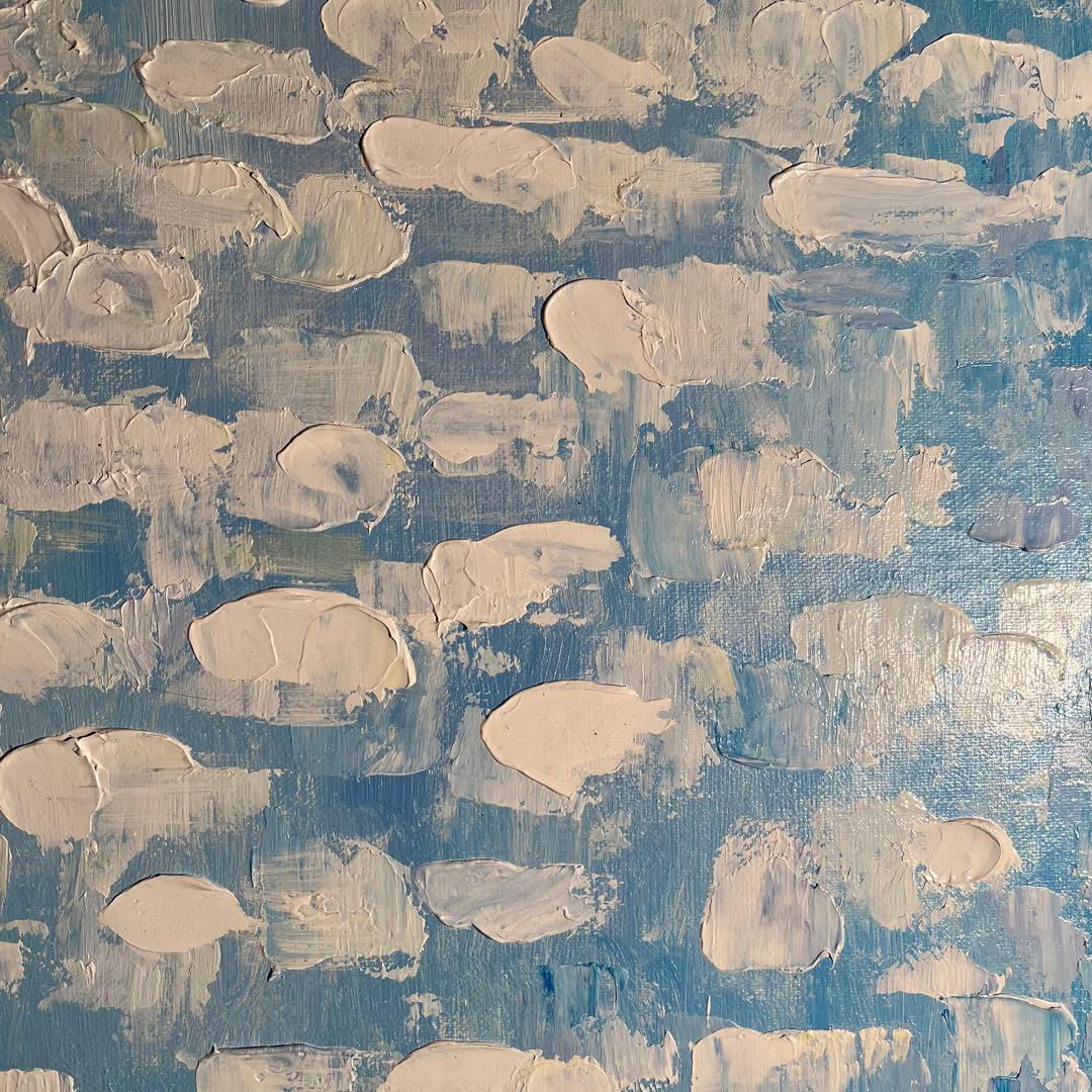 手書き油絵 スカイブルー 額付 肉筆絵画 インテリア 油彩画