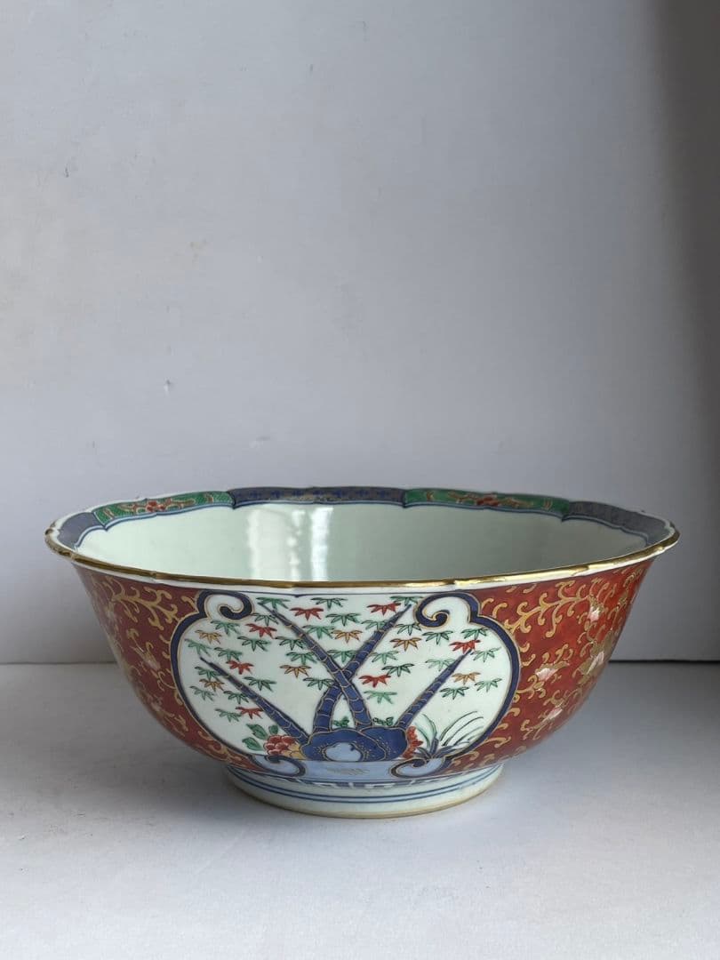 ②古伊万里　金彩赤絵大鉢27cm　木箱付　アンティーク/特大鉢/菓子鉢/深鉢