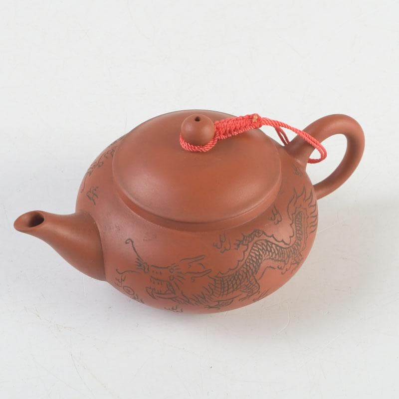中国　紫砂　朱泥　雲龍鳳凰刻　急須　茶壷　在銘　N　9442