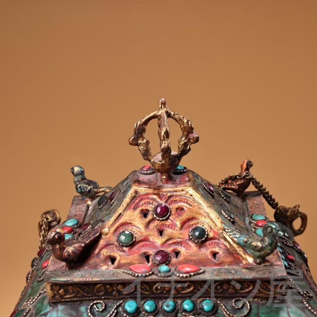 中国古美術 旧藏 西藏 仏教 銅製 吊香炉 彩绘描金 宝石嵌 藏伝工芸 古銅器