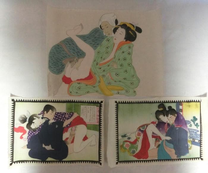 最終特価！浮世絵　春画 絹本　肉筆 3種3枚 美人図 枕絵 秘画