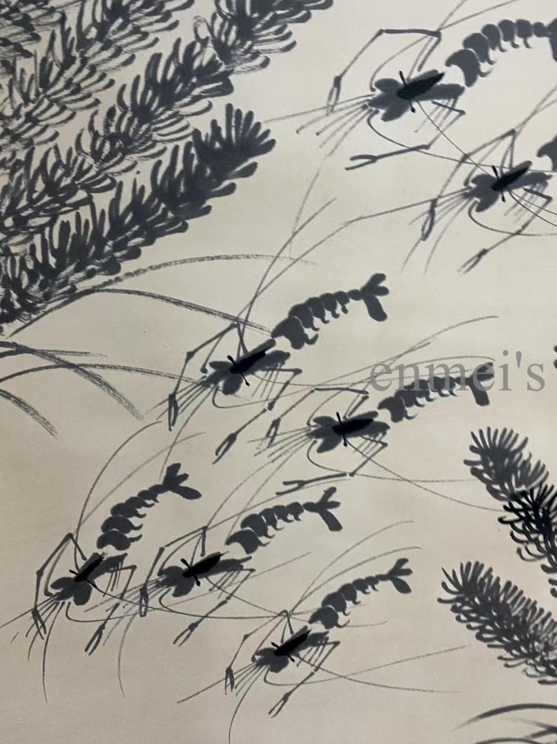 中国古美術 近代 齊白石款 エビ画 水墨画 掛け軸 宣紙 唐物 文房置物 手描き