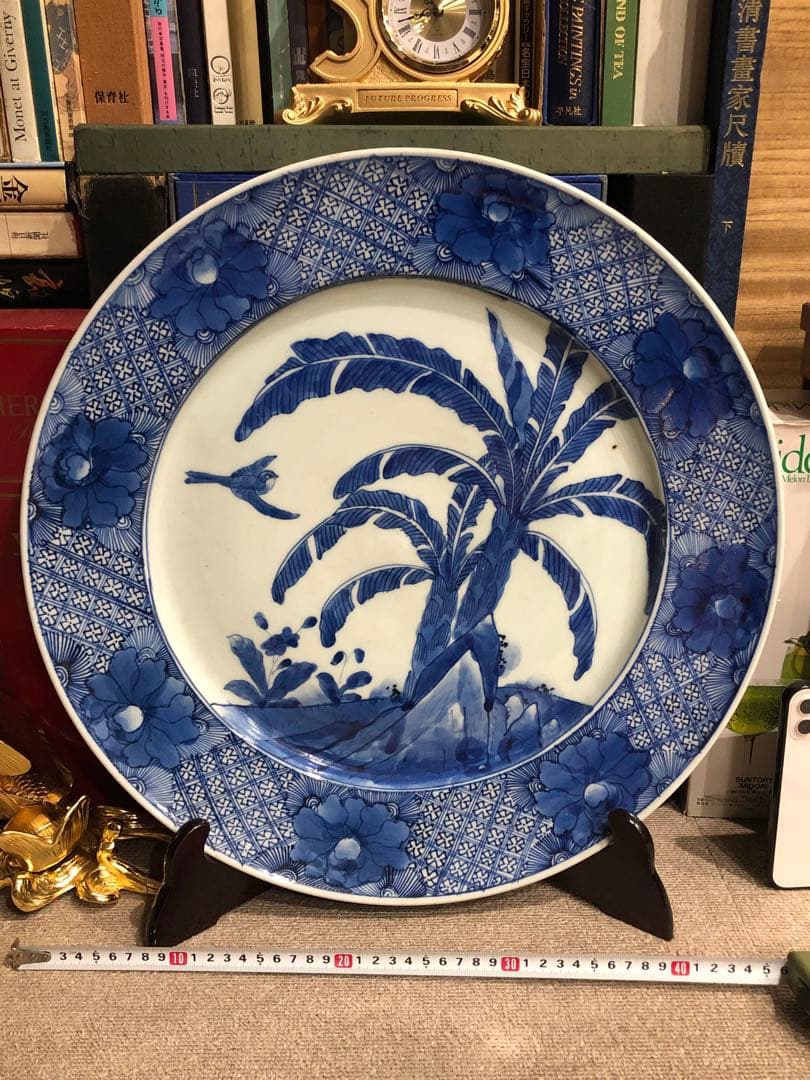 古染付大皿。蕉葉花鳥文。天保染付。江戸時代。美品。古美術。骨董品。舊家藏出。