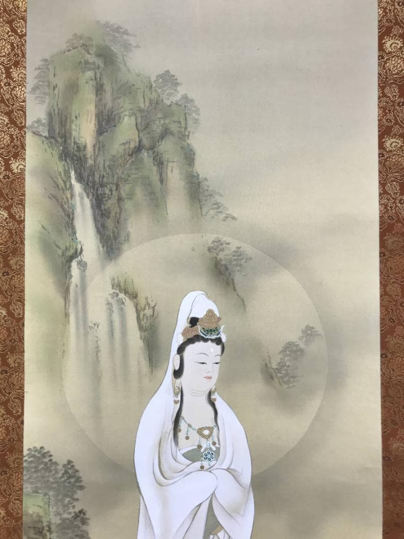 【真作】川島玉峰/岩上観音図/観音像図/カンノン図/掛軸/名家伝来/AD-683