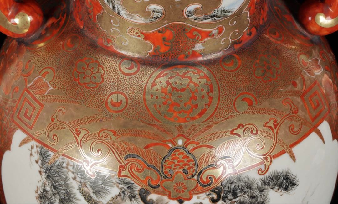 【九谷焼 大日本九谷造】金襴手赤絵金彩 龍双耳飾壺 花瓶 人物松鶴花鳥図 古美術