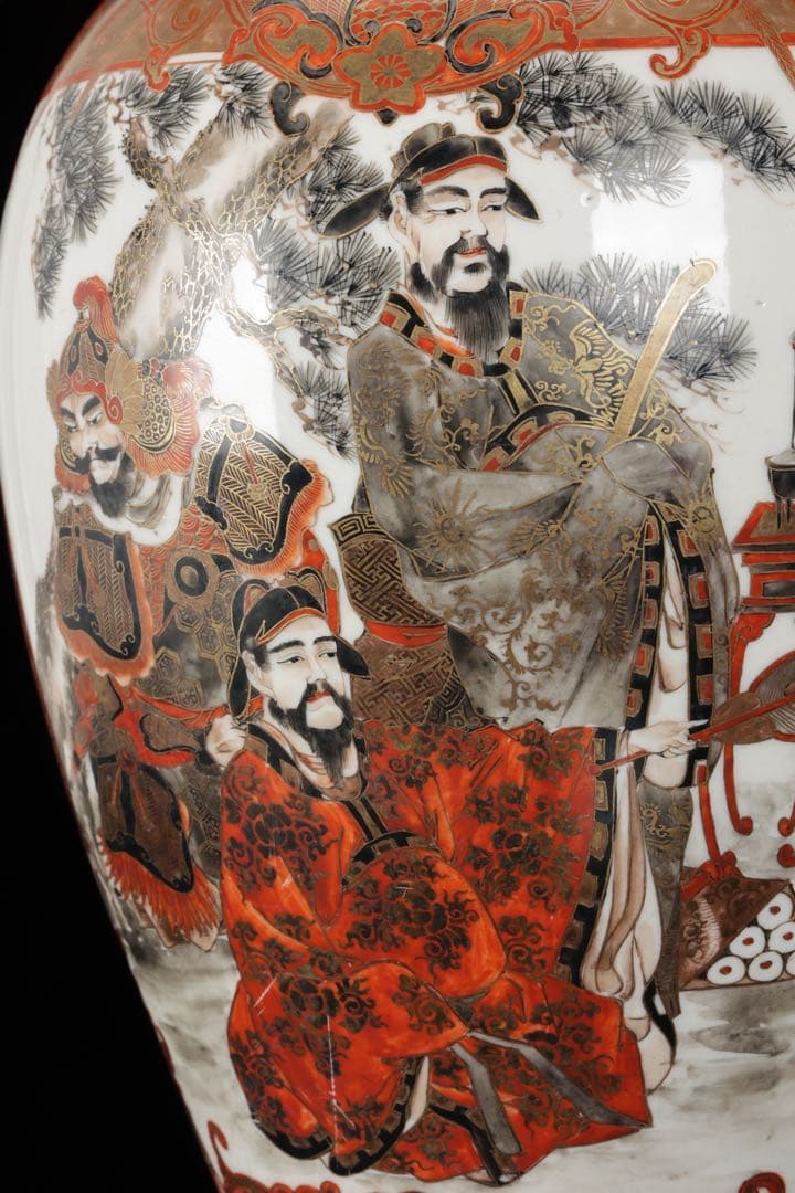 【九谷焼 大日本九谷造】金襴手赤絵金彩 龍双耳飾壺 花瓶 人物松鶴花鳥図 古美術