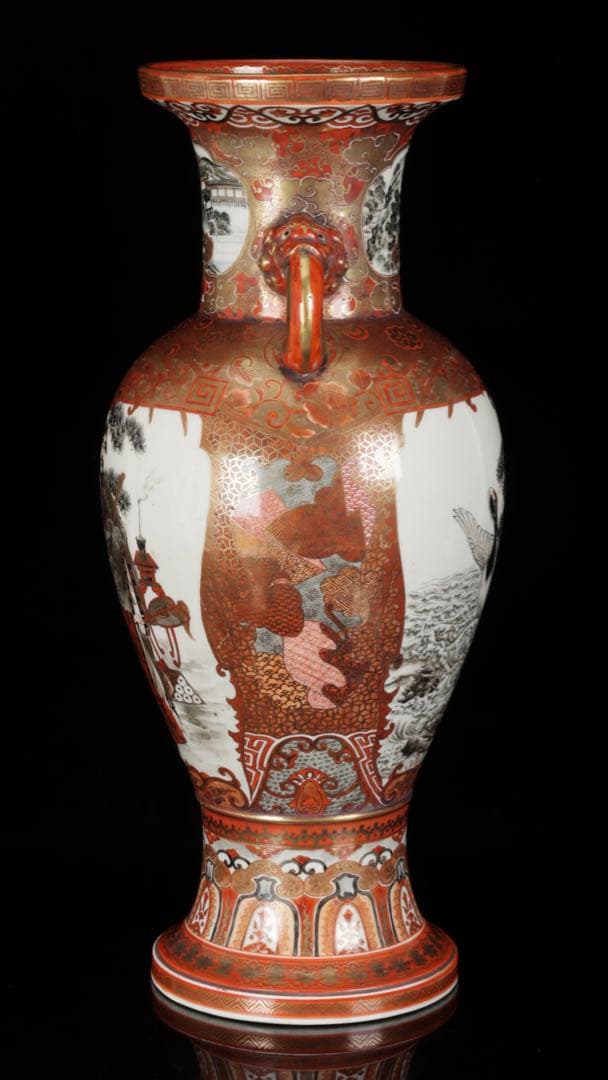 【九谷焼 大日本九谷造】金襴手赤絵金彩 龍双耳飾壺 花瓶 人物松鶴花鳥図 古美術