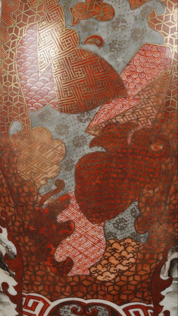 【九谷焼 大日本九谷造】金襴手赤絵金彩 龍双耳飾壺 花瓶 人物松鶴花鳥図 古美術