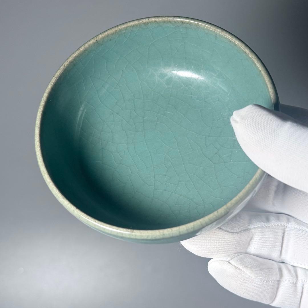 初代　松本佩山　本人作　青磁小服茶碗　共箱　翡翠色　上品な貫入　希少な器