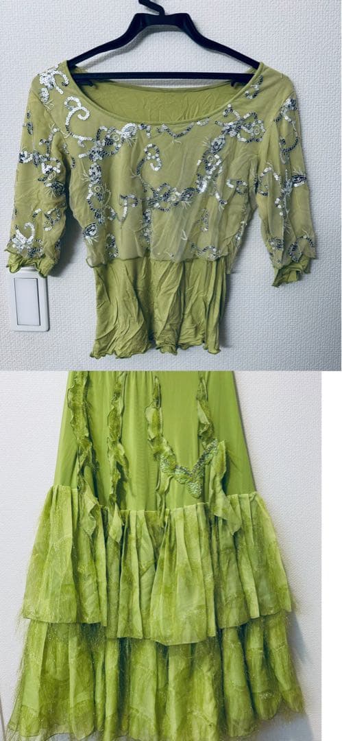 社交ダンス　上下セット（スカート・トップス）緑色　Lサイズ